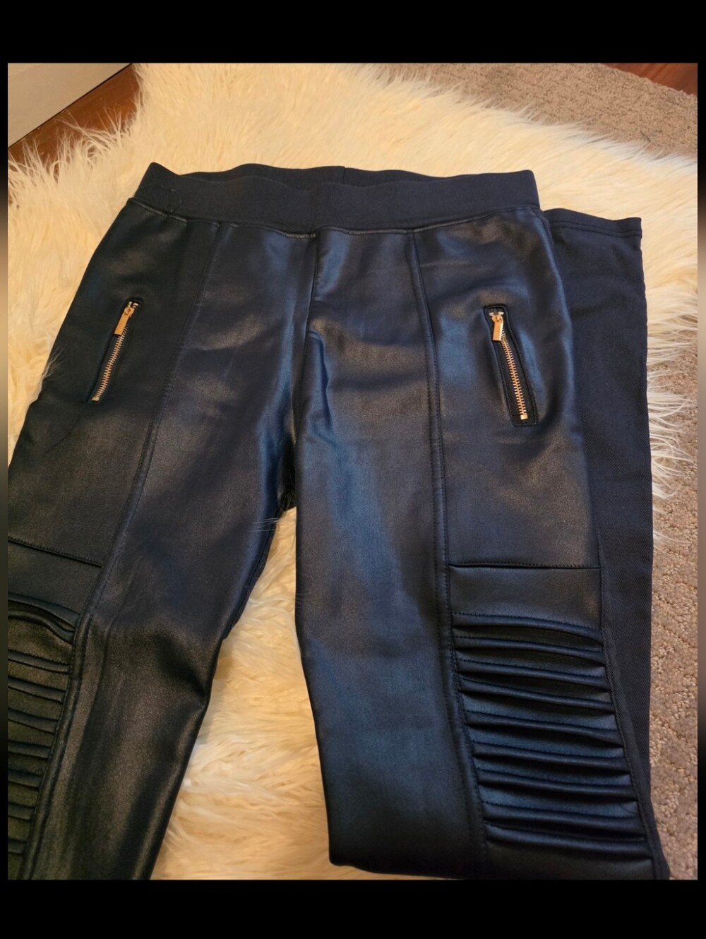 Navy Blue Faux Leather Moto Leggings - Women's Leggings